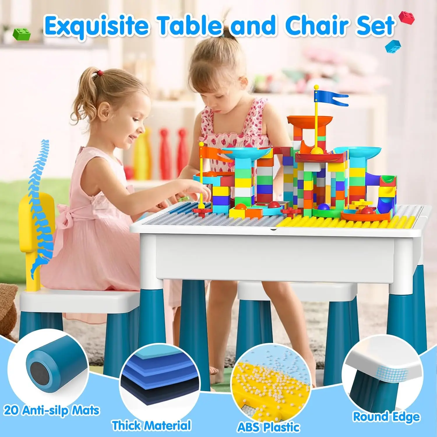Kids Table and Chair Set: Activity Table with 152Pcs Large Marble Run Building Blocks 4 Chairs Storage All in One Play Sensory T