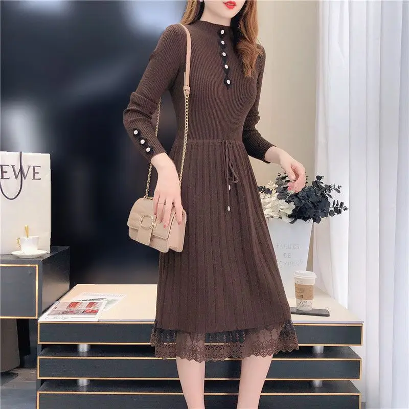 Elegant Stand Collar Spliced Bandage Lace Midi Dress Women\'s Clothing Autumn Winter Loose Knitted All-match Ladies Dresses