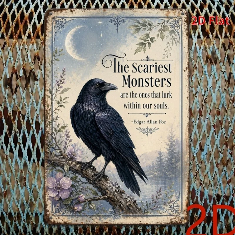 2D Flat Metal Sign 1Pc, Vintage Black Cat Graphic & Edgar Allan Poe Words, Gothic Halloween Home Decoration