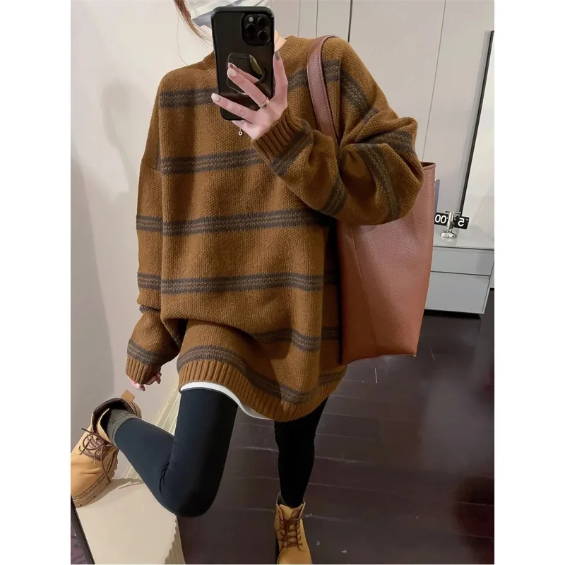 Ladies Mid Length Version Stripe Knitwear Autumn Winter Female Long Sleeved Knitting Lazy Wind Women Loose Fit Pullover Sweaters