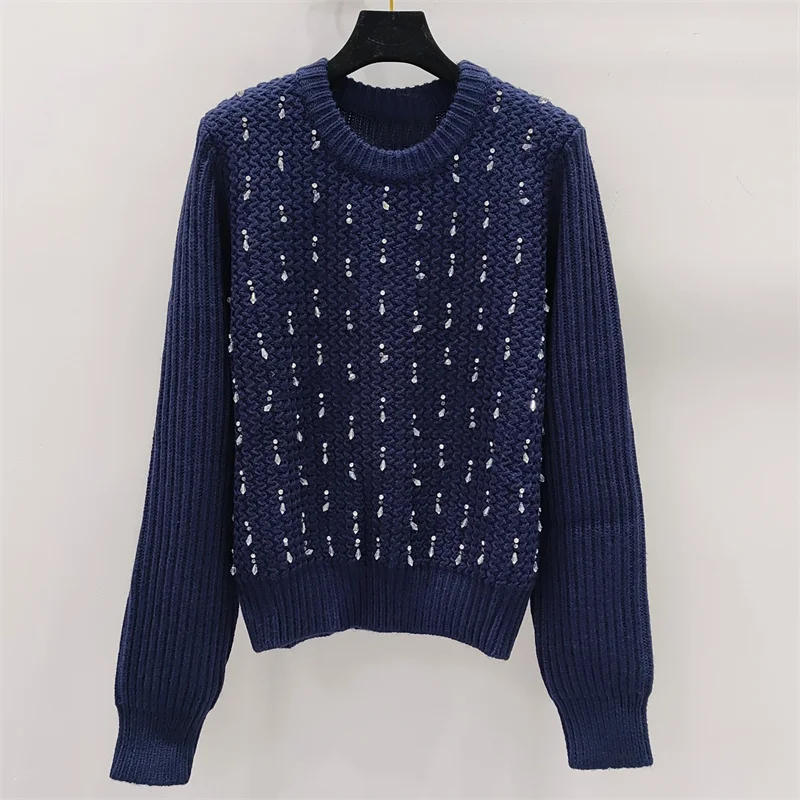 Women\'s sweater New autumn 2024 rhinestone nail bead pullover sweater Wool blend knitwear Elastic knit slim fit long sleeved top