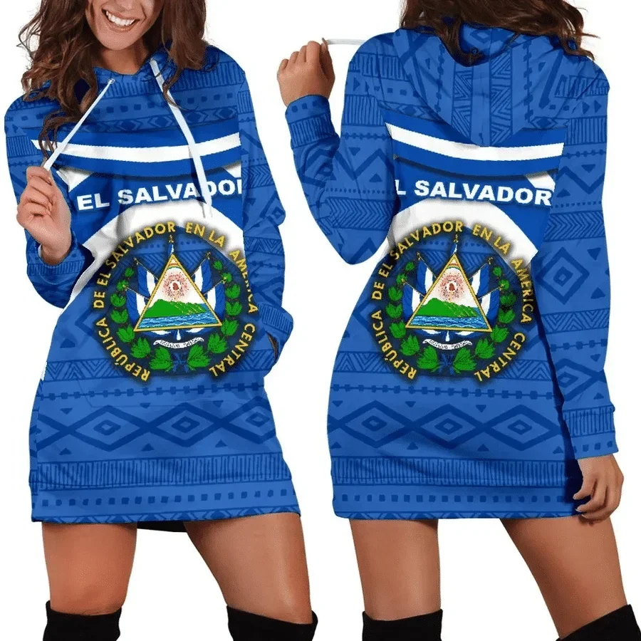 El Salvador Flag Hoodie Dress Women Hoodie Dress 2023 3D Print Long Sleeve Hoodie Casual Hooded Sweater Tops Women