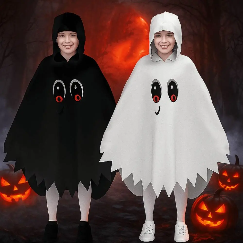 

Glowing Halloween Kids Cosplay Cloak Clothing Prop Fun Interaction Party Dress Up White Black Loose Ghost Hooded Cloak Gift