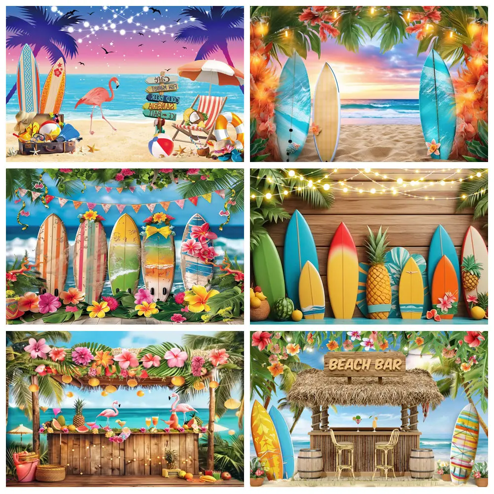 

Hawaiian Summer Beach Backdrop For Photography Palm Leaves Surfboard Lights Kids Birthday Holiday Party Photo Background Banner