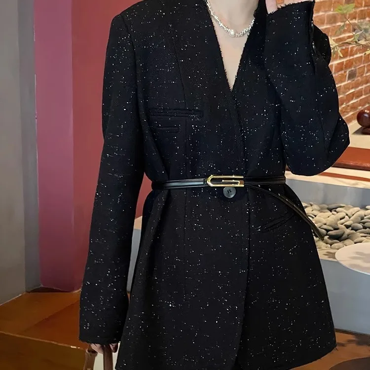 Korean version commuting simple V-neck suit jacket for women, 2024 autumn and winter new item, one button waist belt, slimming