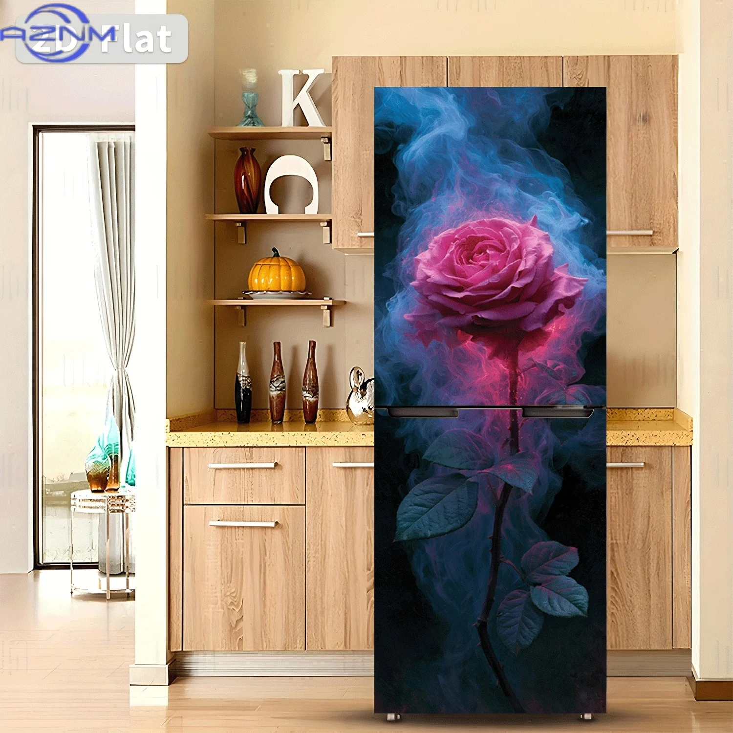 2D Flat Printing 1pc Refrigerator Sticker , Misty Rosy Glow Theme Design, Self-Adhesive Wall Decal Wallpaper, Suitable for Cab