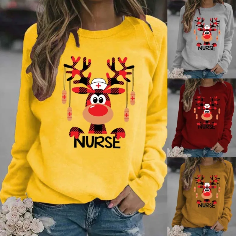 Women\'s Christmas Christmas Deer Print Long Sleeve Casual Fashion Hoodie Sweatshirts  Harajuku  Sweatshirt  Clothes