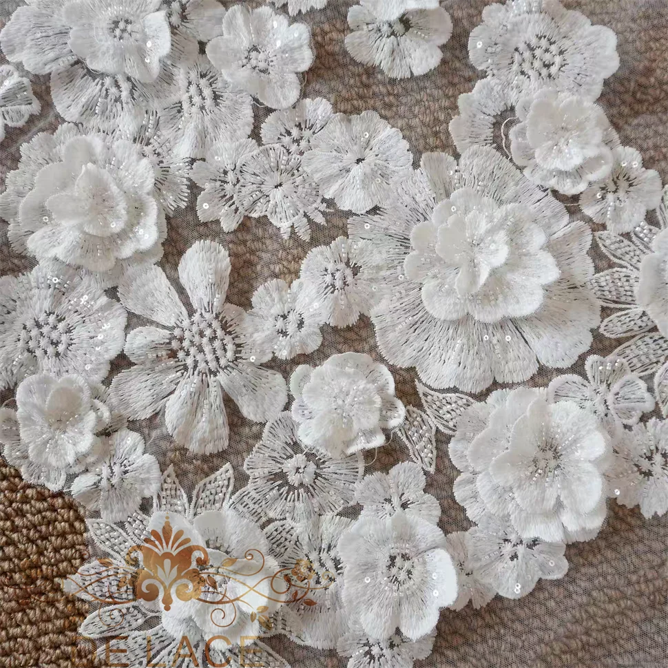 

JZQ Latest FLoral Embroidered Lace 3D Flower Fabric With Sequins Wedding Dress DIY Lace Fabric