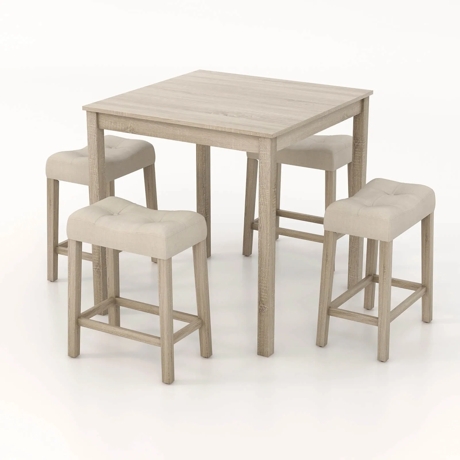

5 PCS Square Bar Table Set for 4 w/ Padded Stools Rubber Wood Legs for Kitchen