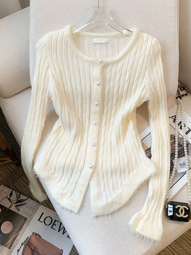 Beige O-Neck Fashion Sweater Autumn 2024 New Button Design Slim Cardigan Women Sweet Elegant Romantic Long Sleeve Cashmere Top