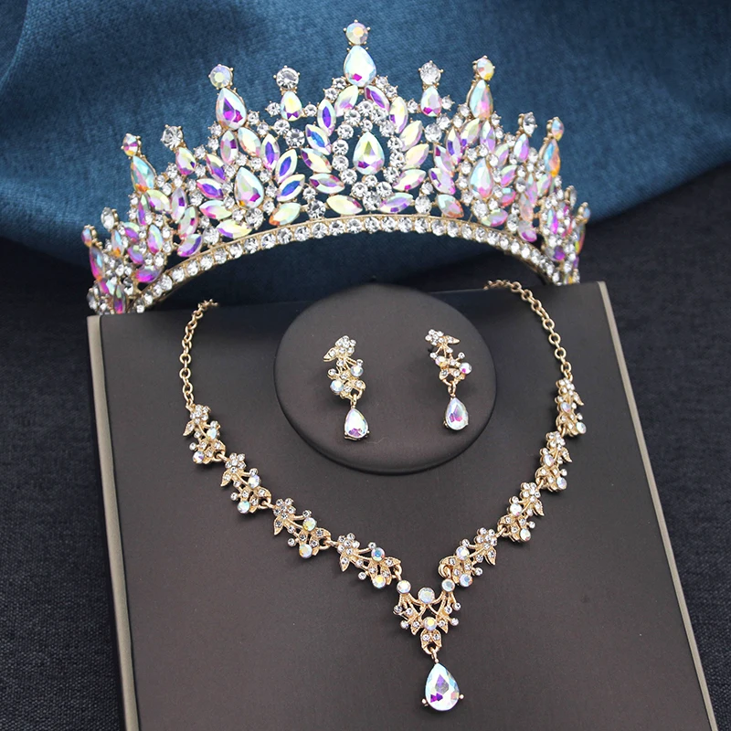 

Gorgeous AB Crystal Tiaras Bridal Jewelry Sets for Women Crown Choker Necklace Sets Wedding Bride Costume Jewelry Accessories