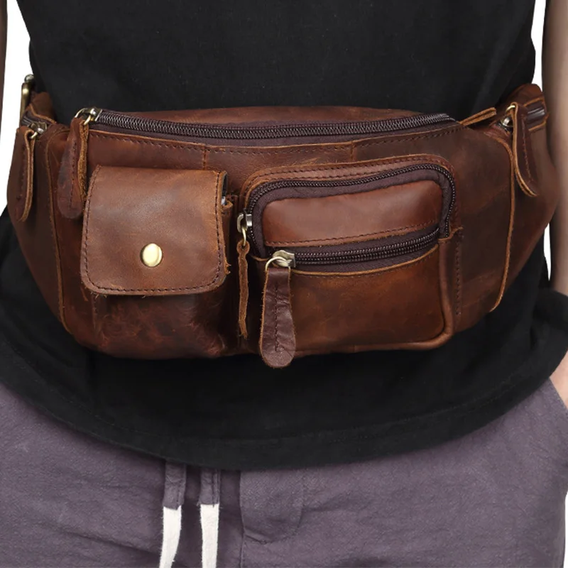 

Adjustable Strap Wast Packs Outdoor Sports Casual Use Multiple Zipper Button Pockets Vintage Genuine Cow Leather Waist Bag Men