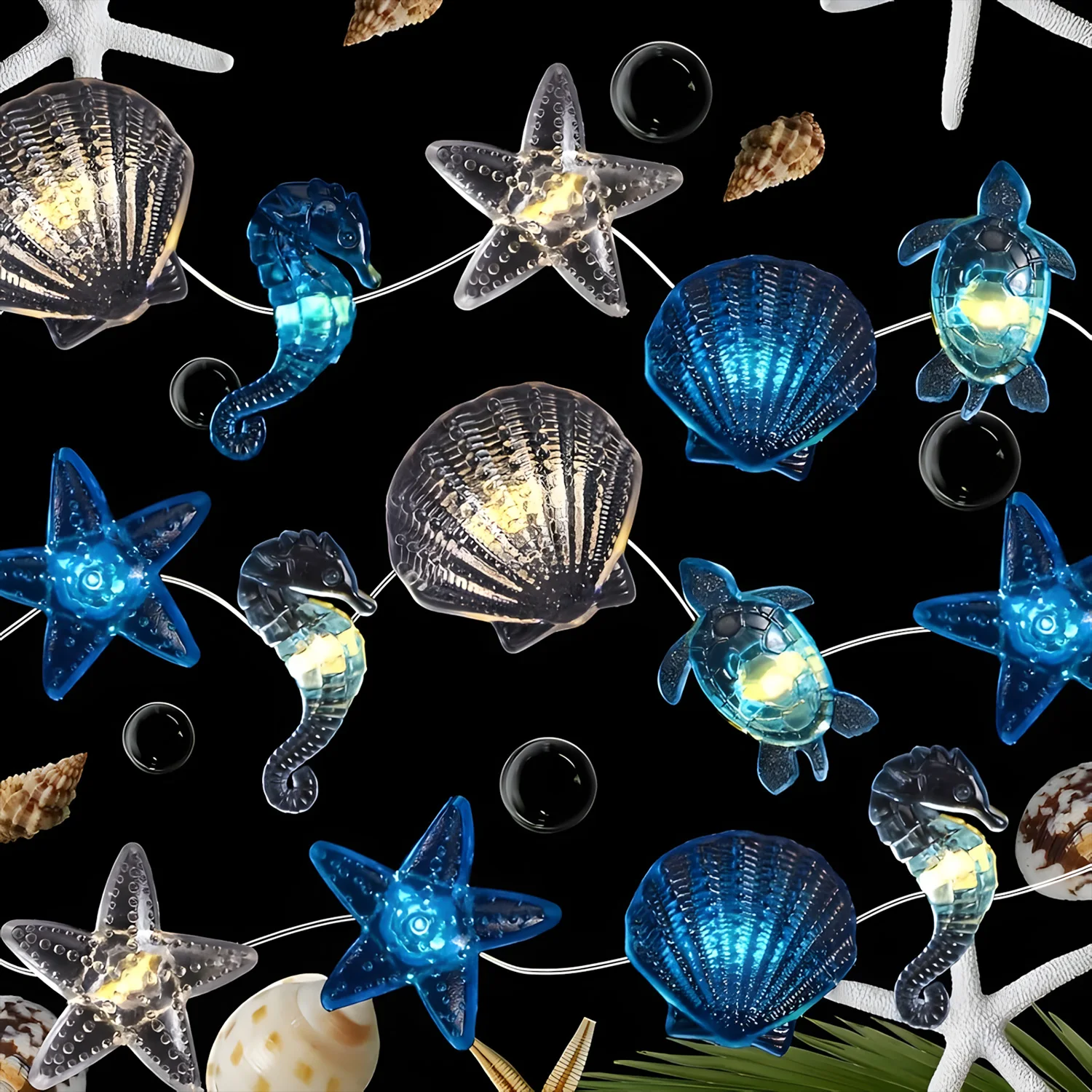 Sommerliche Ozean-Lichterkette mit Batteriebetrieb, Muscheln, Seestern, Seepferdchen, Schildkröten, Kindergeburtstag, Babyparty, Hawaii-Party-Deko