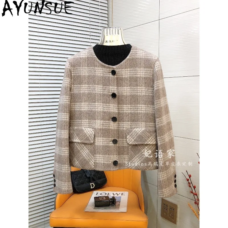 AYUNSUE Women's 100% Wool Coat Fashion Short Commuter Jackets for Woman O-neck Double-sided Woolen Jacket Woman Clothes Casaco