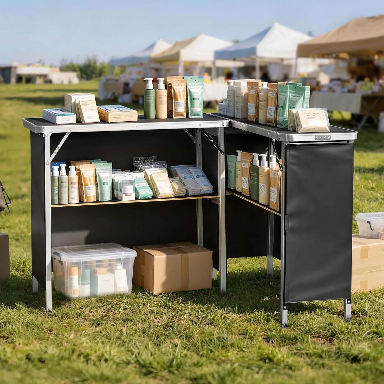 Portable Folding Bar Table Set, Mobile Bartender Station Counter With Storage Shelf And Black Skirt, Pop Up Serving Desk For Outdoor Indoor Events Party Catering, Lightweight Metal Frame 2 Piece Set