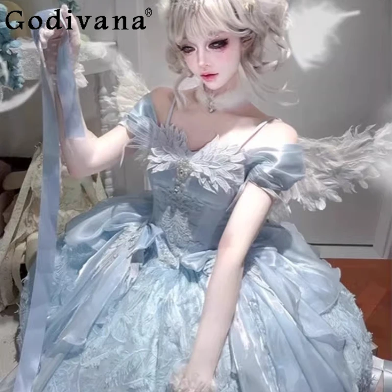 

Lolita Blue Feather Princess Fairy Dress Women Elegant Ceremony Flower Marriage Dress Female Carnival Uniform Dress