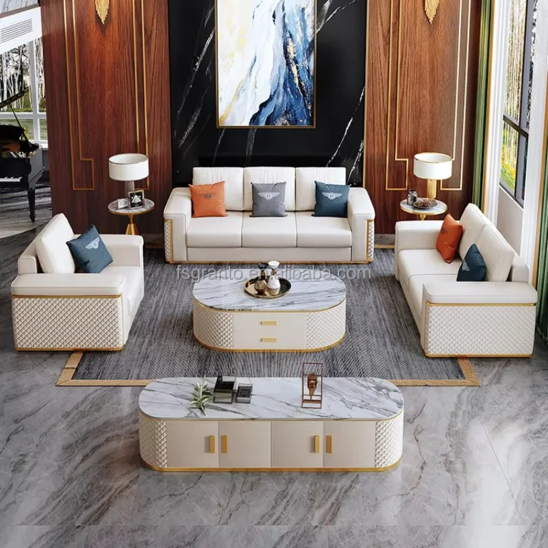 

Элегантный комплект мебели для гостиной, белый металлический диван из искусственной кожи золотого цвета, современный диван