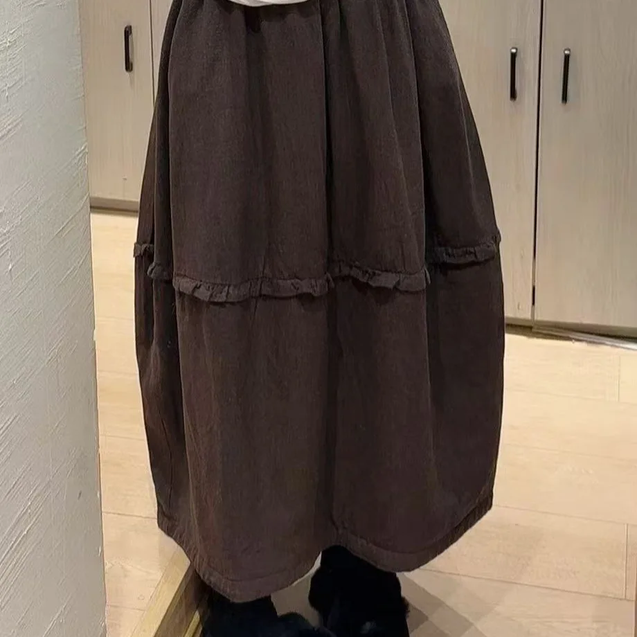 TIYIHAILEY Ramie Long Maxi Skirts Elastic Waist Autumn And Winter Thick Beige New Fashion 2026 Ladies Warm Black Brown Padded