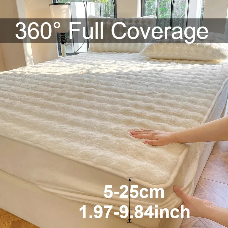 الفاخرة سميكة الأرنب الفراء المجهزة ملاءة سرير الشتاء أفخم الحليب المخملية فراش حامي غطاء 360 ° تغطية كاملة للفراش قابل للغسل #3