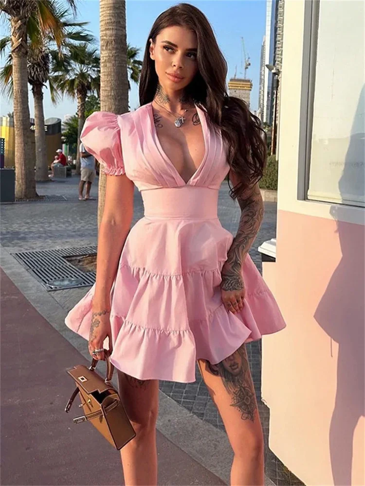 

V-Neck Bandage Slim Mini Dress Female Ruffled Fashion Skinny Lace-Up Patchwork Elegant Party Dress Women High Waist Dress