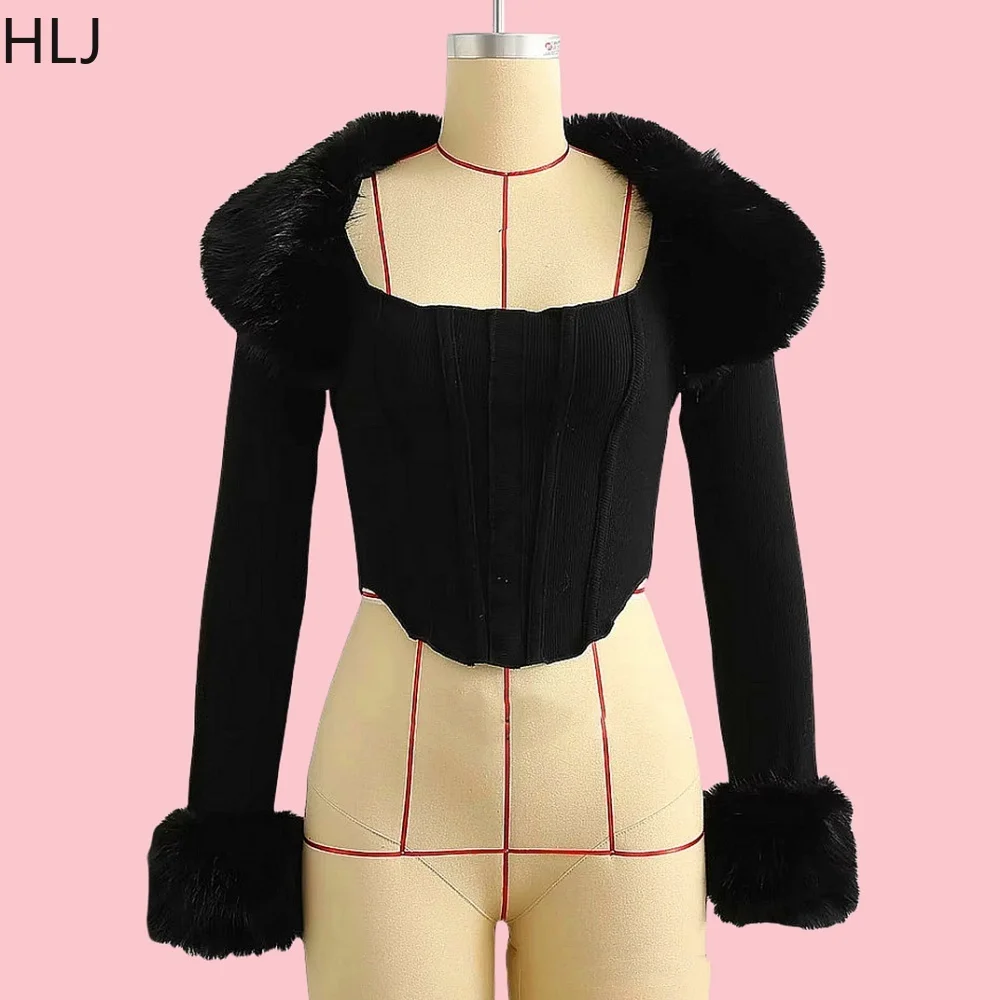 HLJ Black Autumn Winter New Furry Splicing Long Sleeve Crop Top And Corset Tank Vest Fashion Sexy Solid Slim Cardigan Streetwear