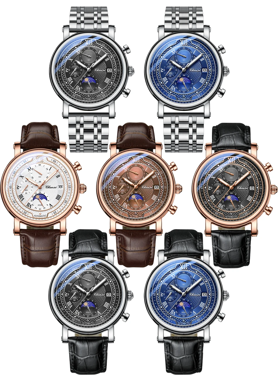 Chenxi 976 Leather Chronograph Date Men's Phase Of The Moon Timing Business Luminous Quartz Watch Relojes Para Hombres