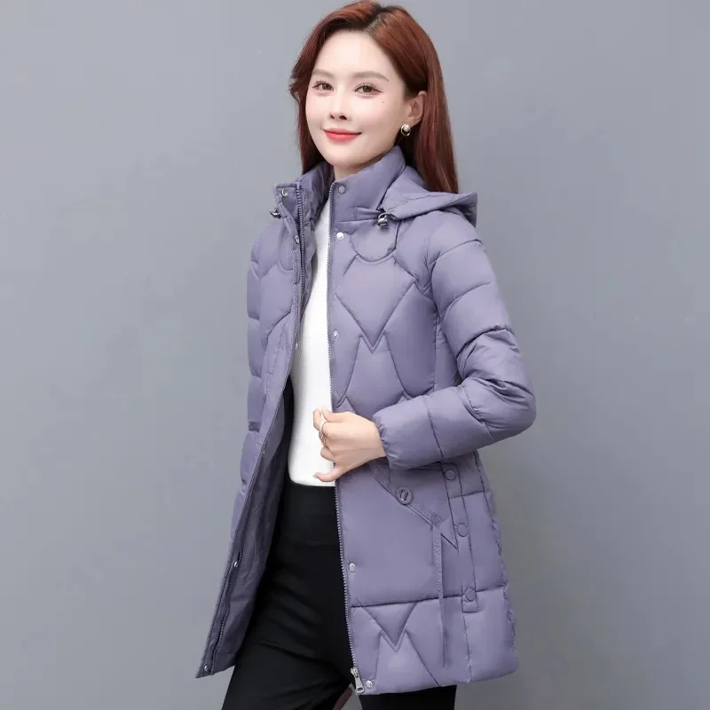 2025 Herfst Winter Warm Puffer Jas Lange mouwen Parka Nieuwe Capuchon Vrouwen Katoen gewatteerde Tops Moeder Bovenkleding