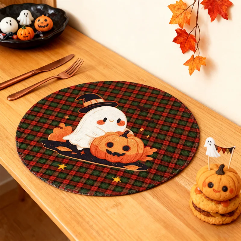 VIKAMA halloween checkered witch round placemats heat resistant waterproof washable table mat for dining room easy to clean