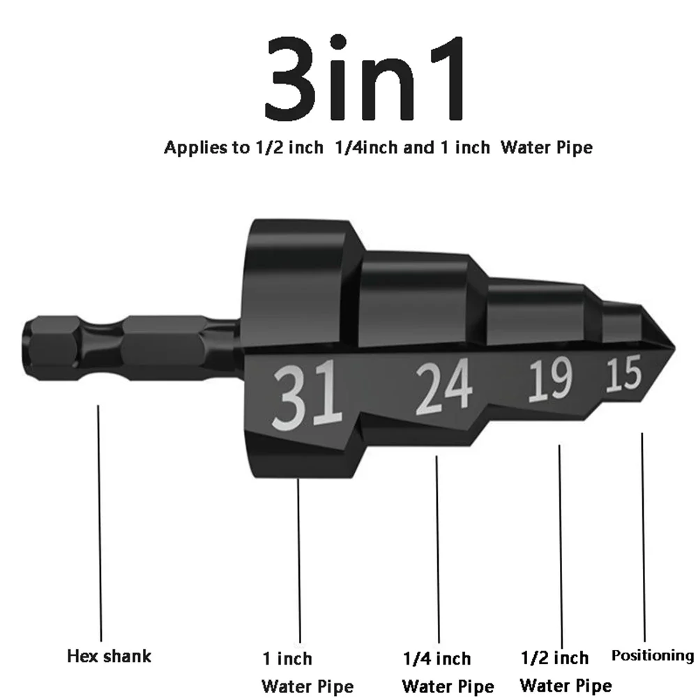 1 In 3 Water Pipe Expansion PPR Lifting Stepped Drill Bit For Plumber Repairing Hexagon Shank Step Drill 15-31mm 6.35mm