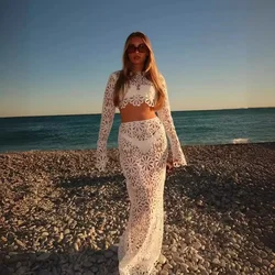 Women Sexy Lace Hollow Out Short Top Skirt Two Piece Sets Female Casual Beach Vacation Fashion New Elegant Slim Summer Dress Set