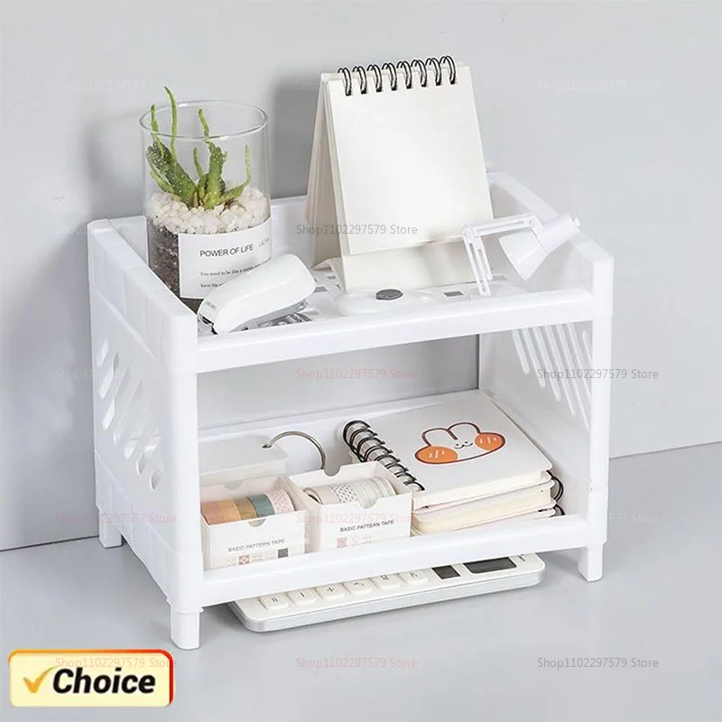 رف تخزين بطبقة مزدوجة لسطح المكتب من البولي بروبيلين مستطيل أبيض لتنظيم مكتب الطالب رف أدوات مكتبية لمستحضرات التجميل