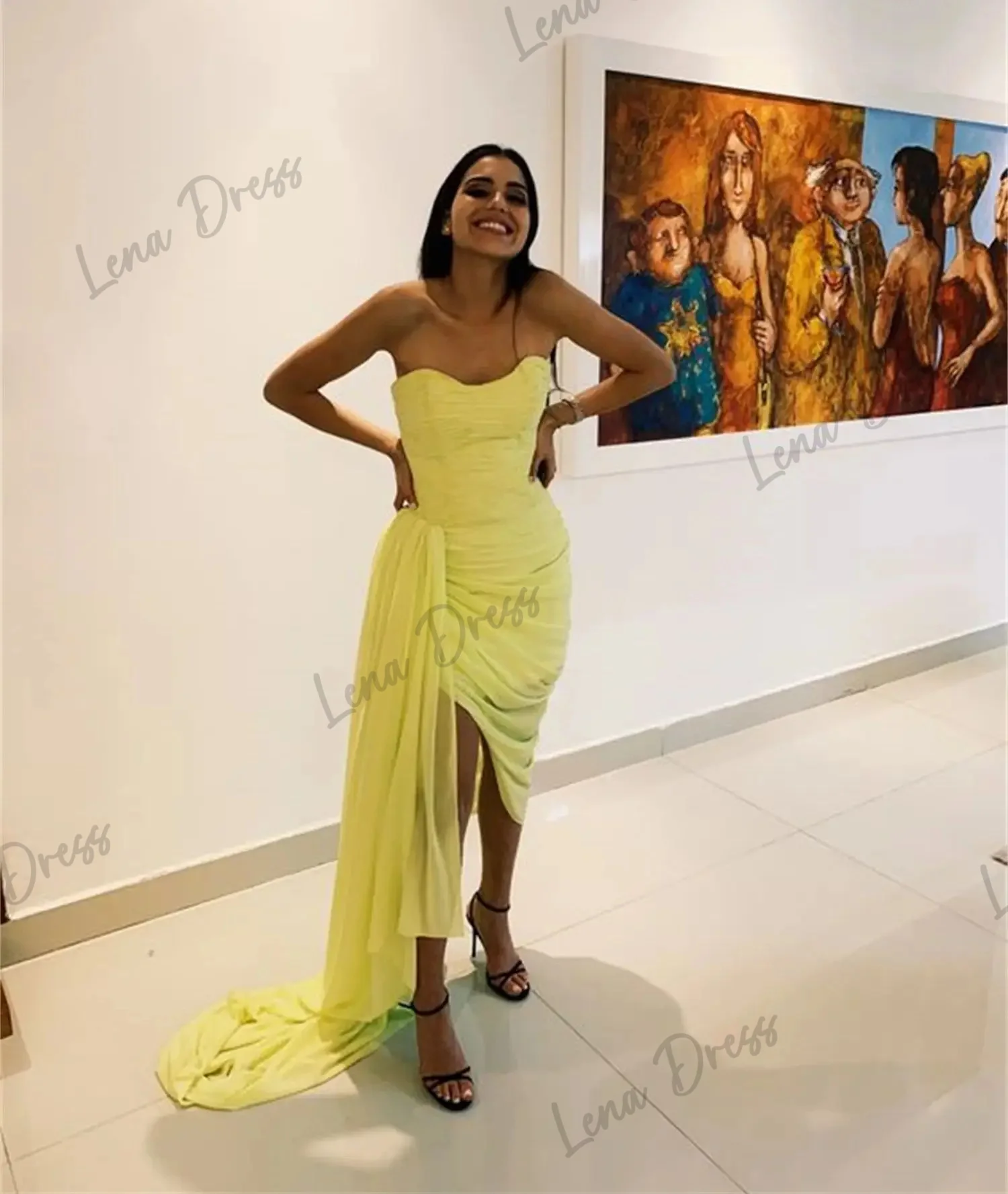 

Lena-2024 Chiffon Luxury Bra Evening Dress Elegant Yellow Irregular Dress Celebrity Party Wedding Dress