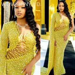 2024 Aso Ebi African Yellow Sheath Prom Dresses Beaded Sequined Evening Party Second Engagement Birthday Gowns Dress