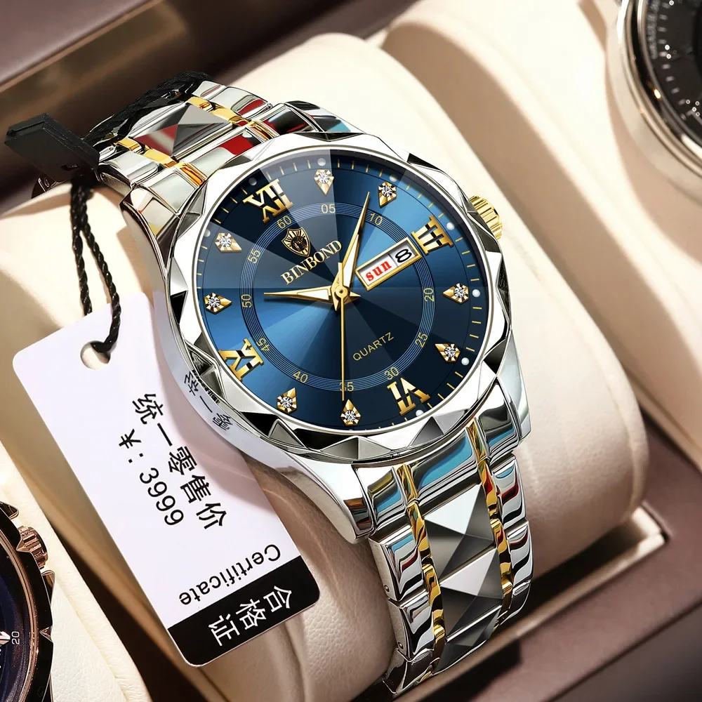 Binbang B2521 Men's Watch Waterproof Night Glow Double Calendar Watch Men's Business Quartz Watch Diamond Pointed Glass