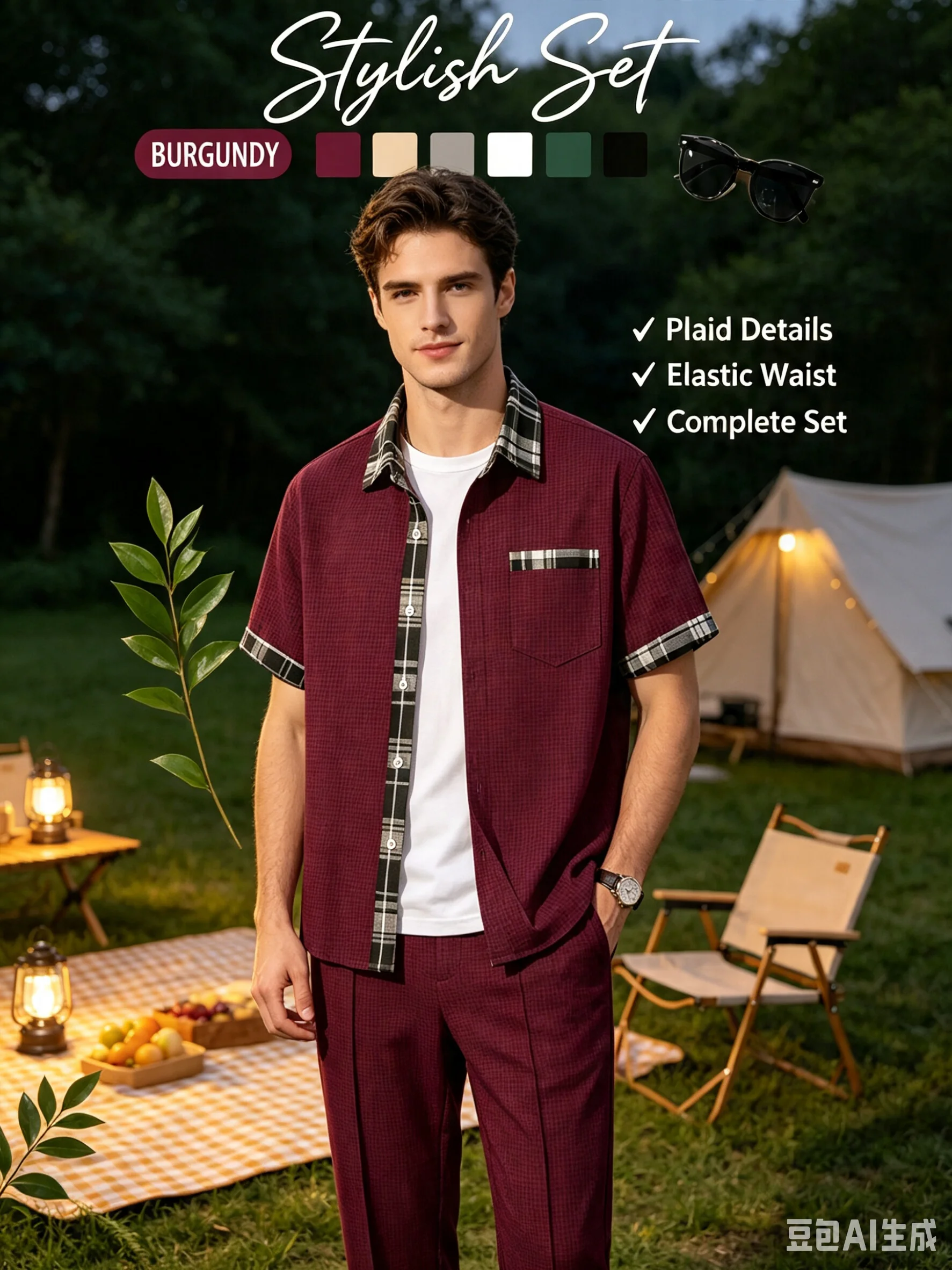 Men'sWaffle 3-in-1 Outfit Set Plaid Trim Lapel Short Sleeve Shirt+Drawstring Long Pants & Shorts Summer Casual Two-Way Wear Suit - view 5