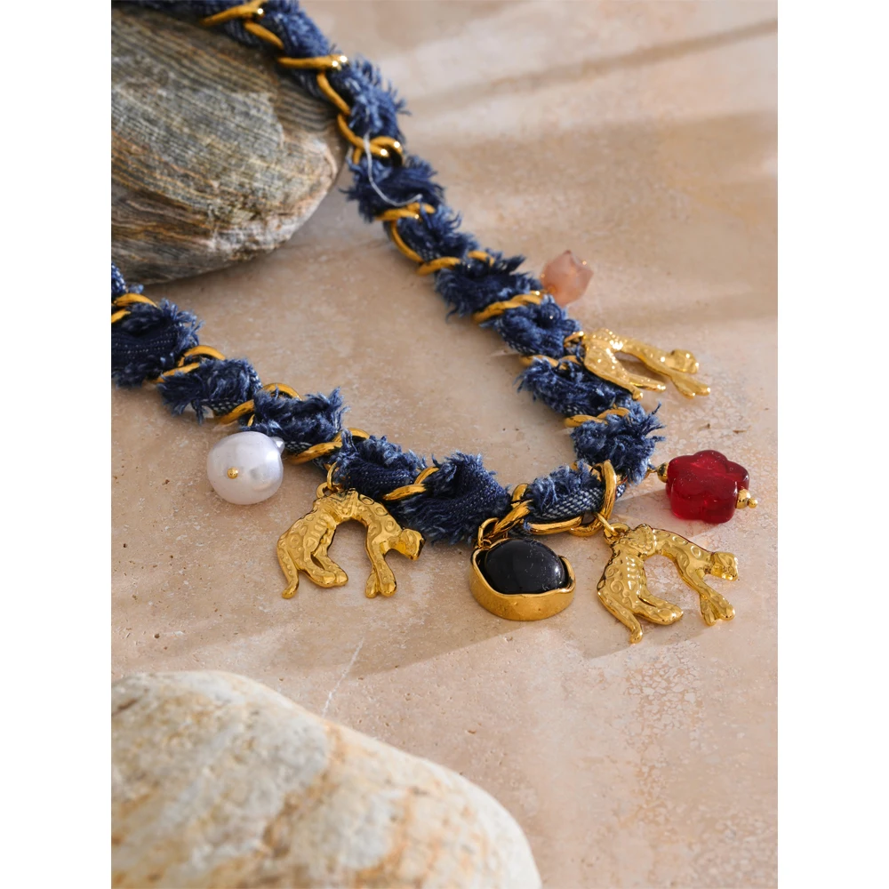 Yhpup Statement Blue Denim Chain Pearl Acrylic Flower Drop Charm Necklace Stainless Steel Vintage Autumn&Winter Collar Jewelry