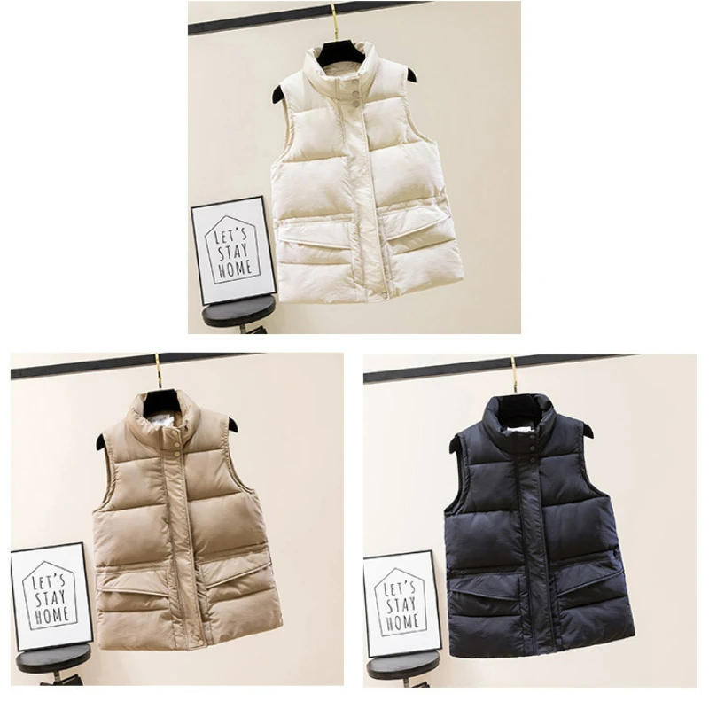 Nueva chaqueta de plumón de Otoño Invierno para mujer, Parka corta cálida, abrigo elegante, chaleco con cuello levantado sin mangas de Color sólido