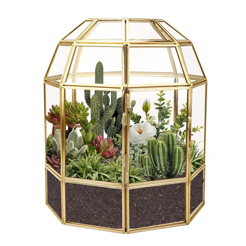 

Home decoration handmade large glass plant glass container gift box bird cage shape black gold dome geometric glass container