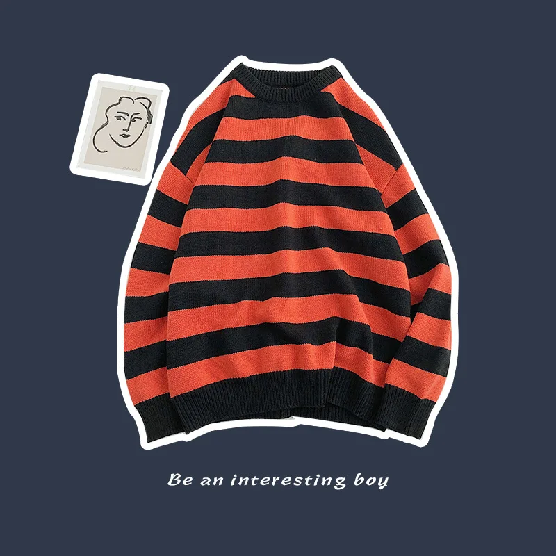 Fashion Pullover Red Black Stripe Knitted Sweater Men Women\'s Autumn Winter Round Neck Casual Fashion Trend Clothing Plus Size