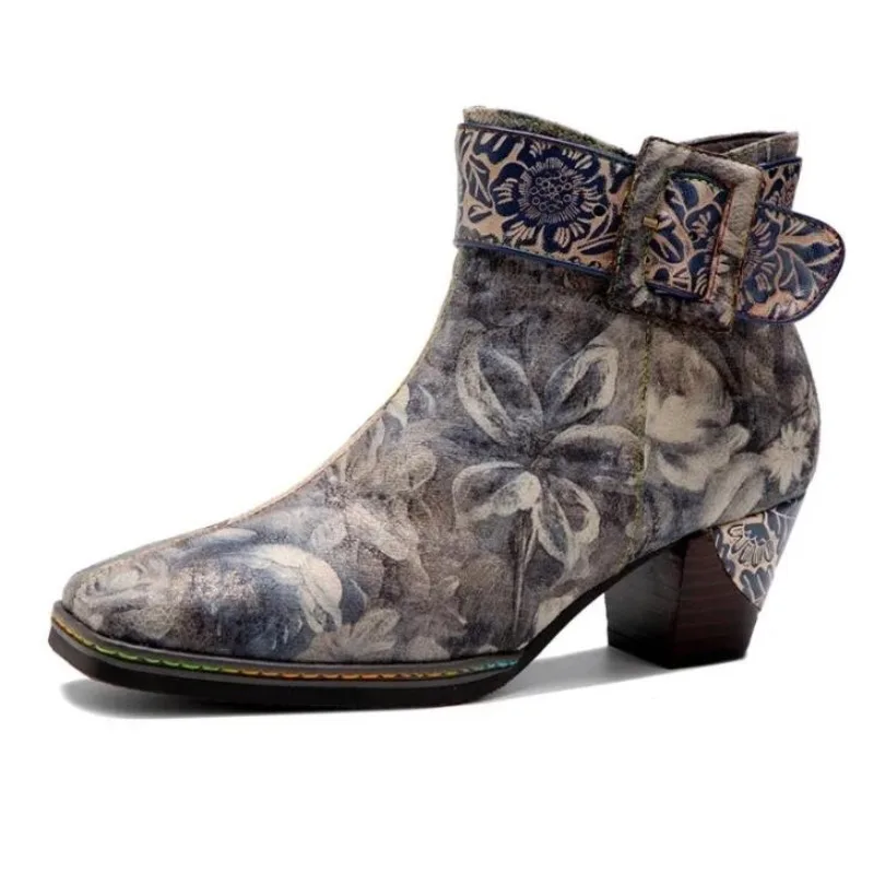 5cm New Synthetic Print Cloth Ladies Plus Size Leather Spring Fashion Ankle Boots Ethnic Woman Chunky Heels Autumn Shoes