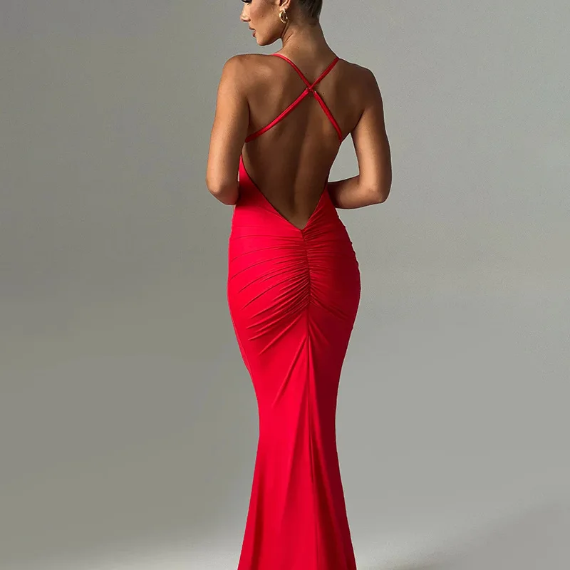 Sexy Backless Cross Strap Evening Dress Fashionable Deep V-neck Party Gown Pleated Buttocks Wrapped Waist Revealing Prom Robes