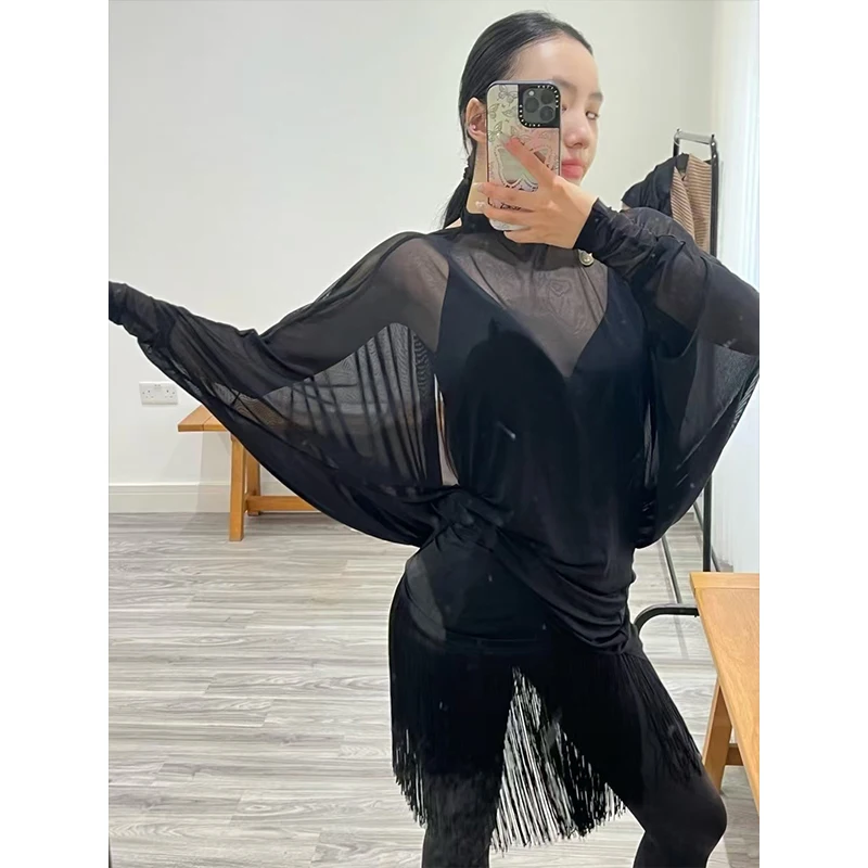 

Sexy See Through Mesh Latin Dance Dress Women Backless Bat Sleeves Black Dress Adult Rumba Cha Cha Dance Practice Wear DNV22390