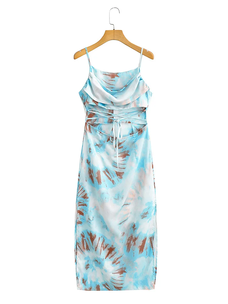 Vestido de verano para mujer 2022 tirantes finos tie dye estampado abertura lateral sexy midi vestido cintura recortada encaje hasta noche fiesta ceñido al cuerpo vestido