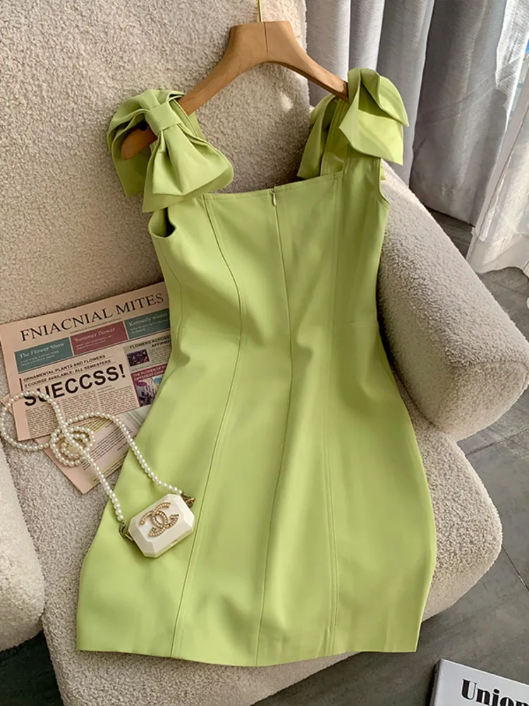 Vestido corto De verano para mujer, minivestido coreano con lazo, sin mangas, liso, De diseñador, para playa, vacaciones, Fiesta