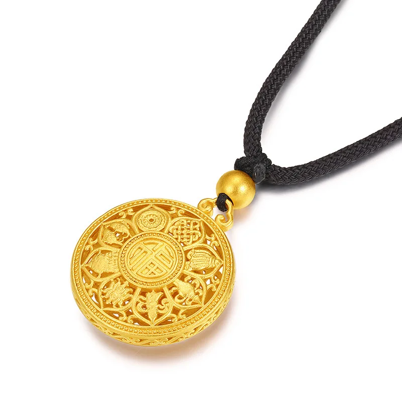 Sand Gold Eight Treasures Wealth Hollow Lotus Pendant Brass Gold-Plated Ancient Law Fu Word Lotus Compass Pendant Necklace