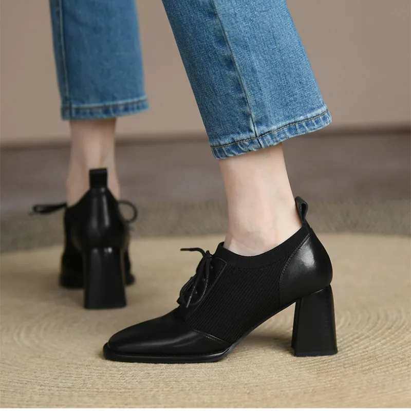 New Women Oxford Shoes High Heels Bare Boots Pointed Toe Lace Up Ankle Boots Stretch Botines Vintage Botas Tacones Mujer