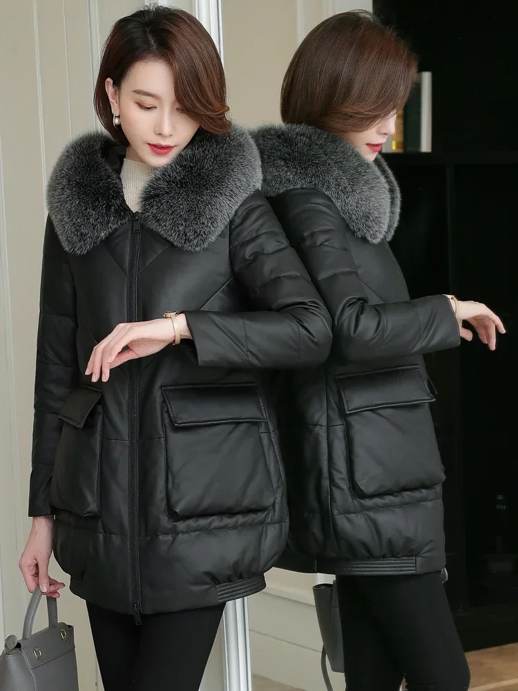 Fox Bulu Kerah Hooded Mantel Wanita 85% Bebek Putih Bawah Wanita Jaket Kulit Domba Jaket Wanita Ropa mujer Zjt1728