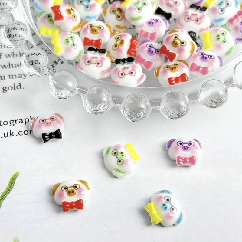 Resin Cartoon Luminous Tie Pig Nail Charms Cute Powder Blusher Glasses Piggy Nail Art Decoration for Manicure DIY Materials