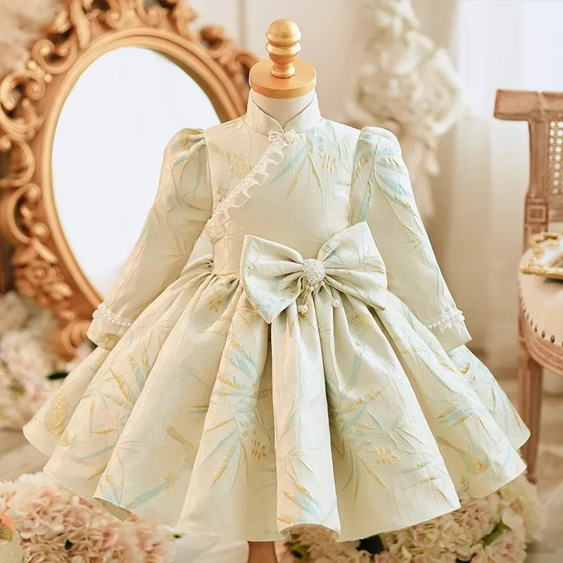 

Осенние китайские платья-ципао с длинными рукавами для девочек, одежда для дня рождения, крещения, Пасхи, Ид, праздничные наряды для детей