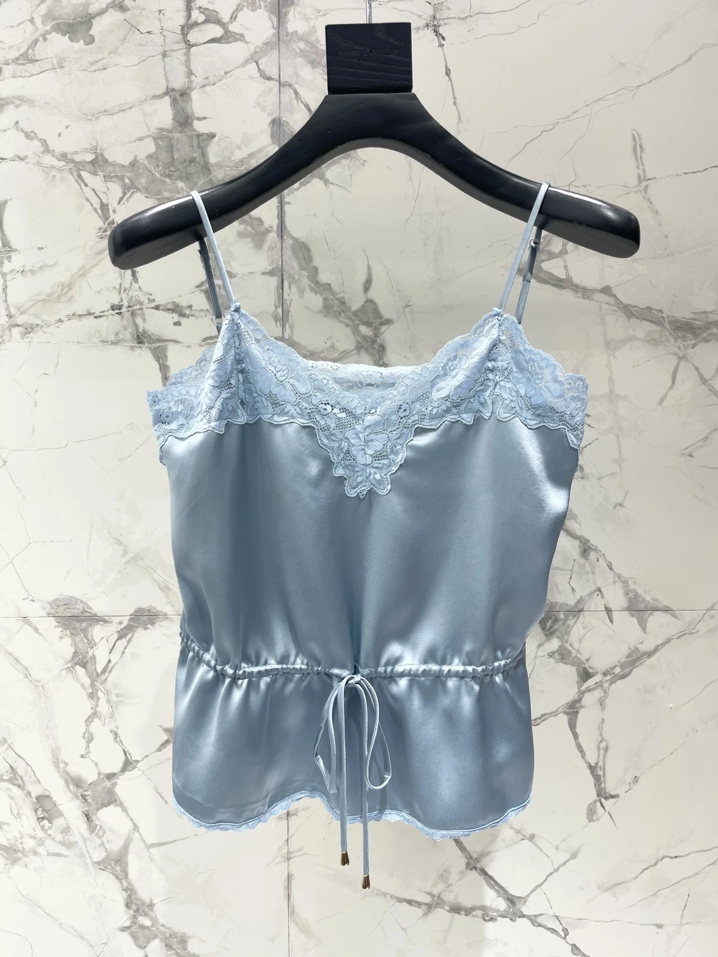 

Retro Lace Splice Acetate Strap Vest Drawstring Waist in Women's Fashion Casual Daily Short Style Pure Color Sleeveless Top